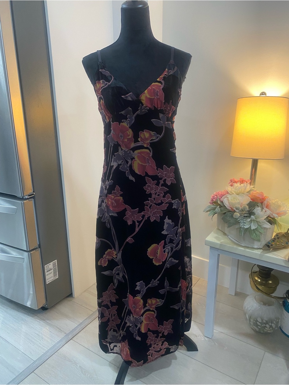Rachel Zoe Black Maxi Slip Dress with Pink and Purple Floral Print